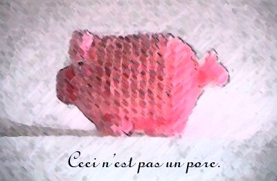 Ein gemaltes Schwein von der Seite mit der handgeschriebenen Unterzeile "Ceci n'est pas un porc."