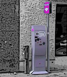 Ein violetter Parkscheinautomat.