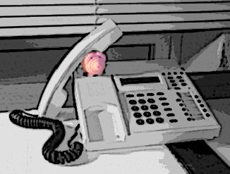 Ein haekelschwein sitzt zwischen Hörer und Gabel eines Festnetztelefons.